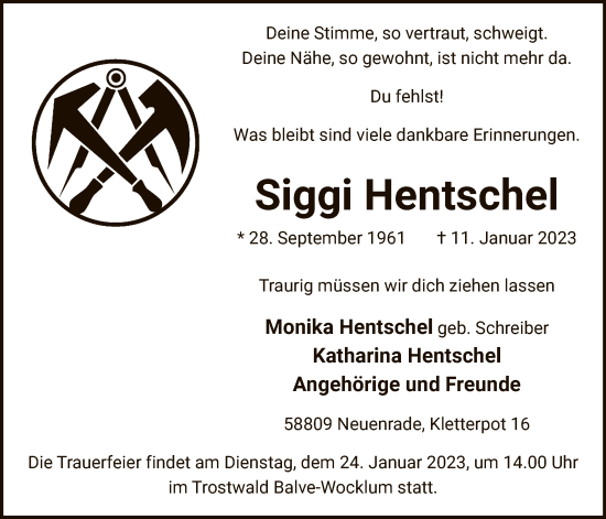 Todesanzeige von Siggi Hentschel von WA