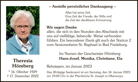 Todesanzeige von Theresia Hömberg von WA