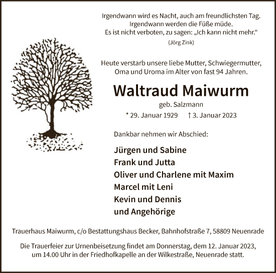 Todesanzeige von Waltraud Maiwurm von WA