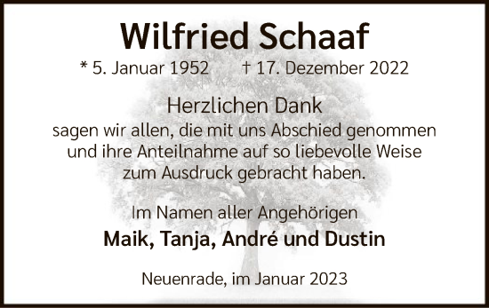 Todesanzeige von Wilfried Schaaf von WA