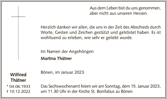 Todesanzeige von Wilfried Thätner von WA