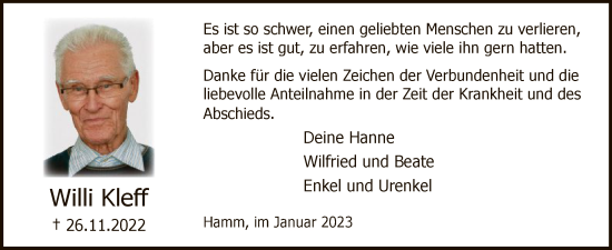 Todesanzeige von Willi Kleff von WA