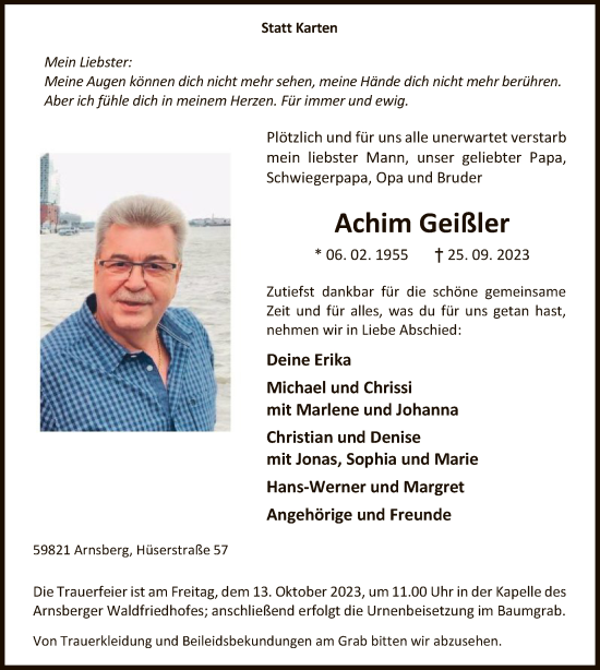 Todesanzeige von Achim Geißler von WA