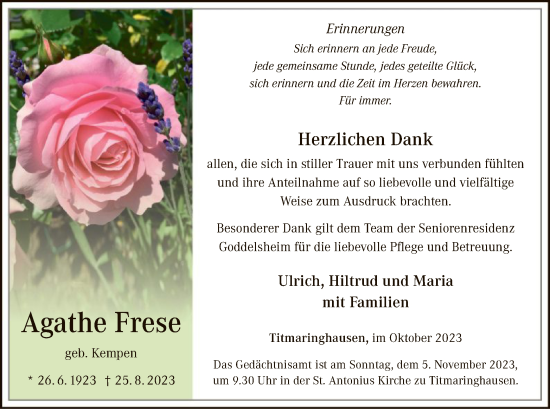 Todesanzeige von Agathe Frese von WA