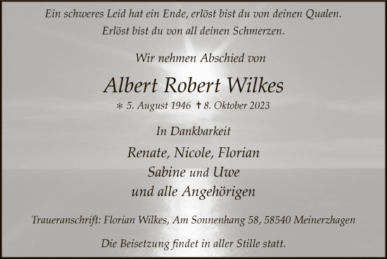 Todesanzeige von Albert Robert Wilkes von WA