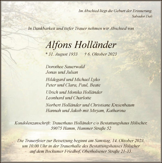 Todesanzeige von Alfons Holländer von WA