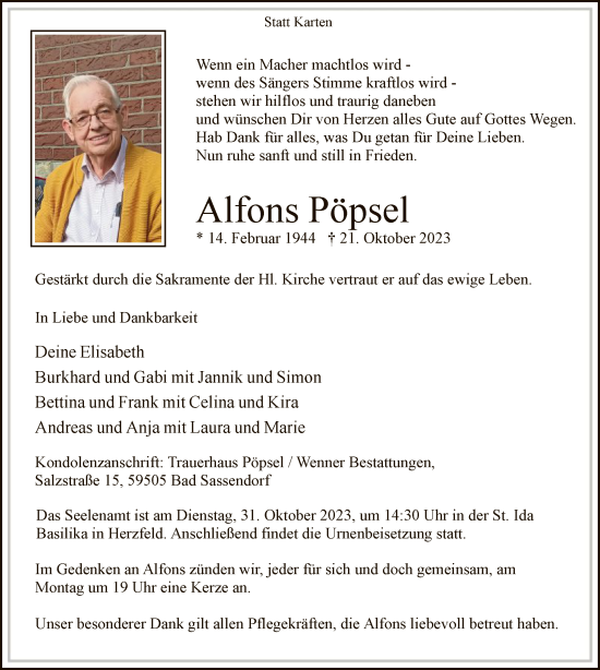 Todesanzeige von Alfons Pöpsel von WA