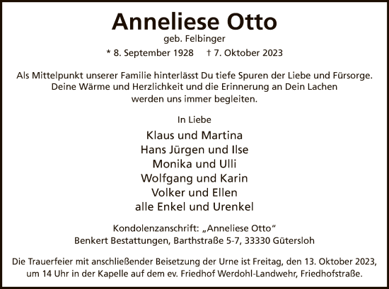 Todesanzeige von Anneliese Otto von WA