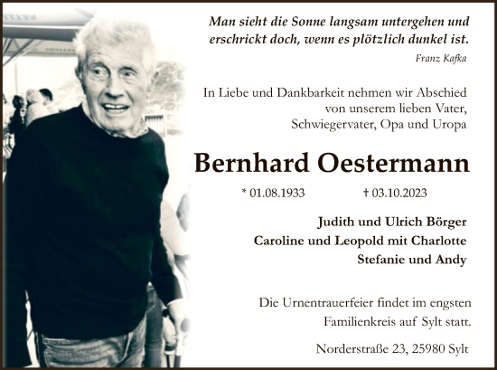 Todesanzeige von Bernhard Oestermann von WA