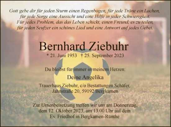 Todesanzeige von Bernhard Ziebuhr von WA