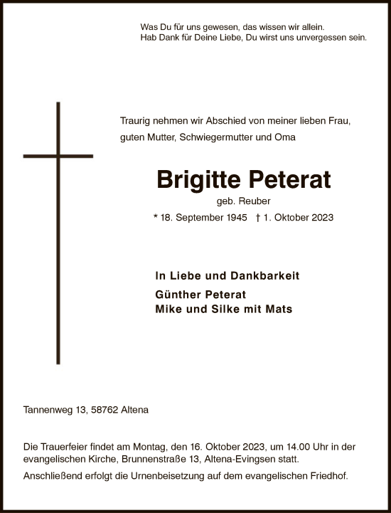 Todesanzeige von Brigitte Peterat von WA