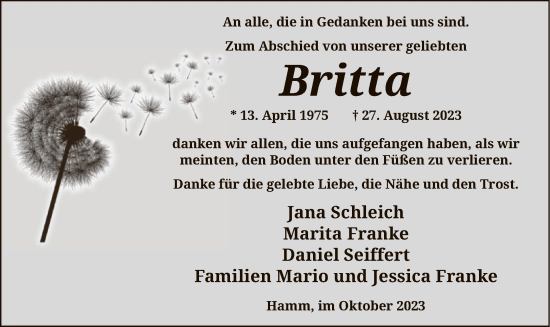 Todesanzeige von Britta Schleich von WA