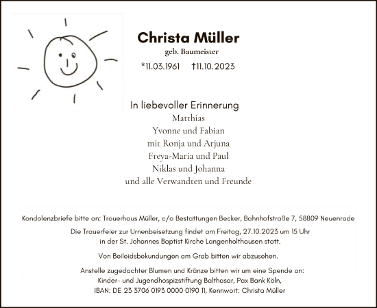 Todesanzeige von Christa Müller von WA