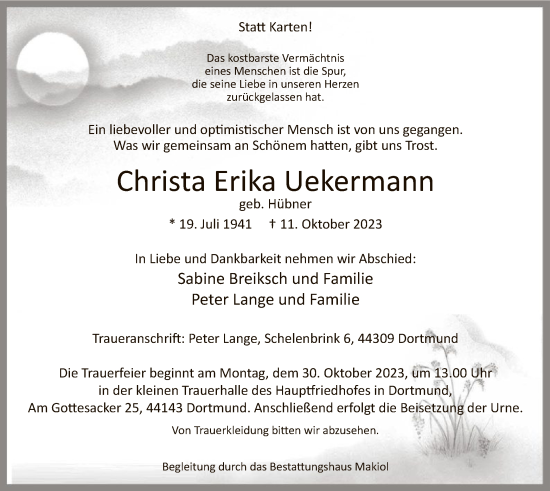 Todesanzeige von Christa Erika Uekermann von WA