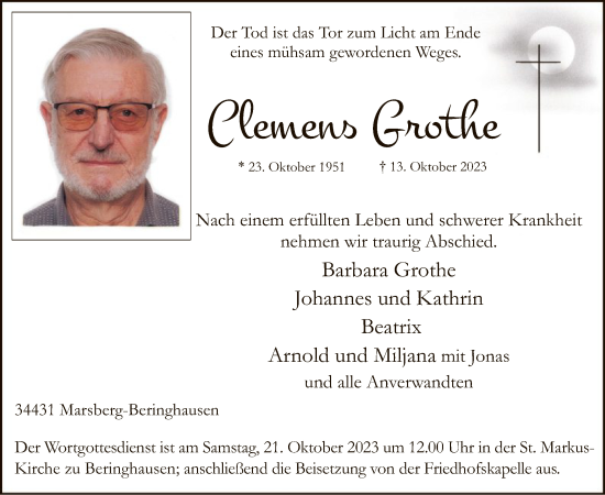 Todesanzeige von Clemens Grothe von WA