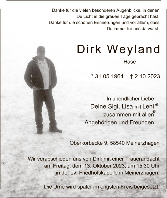 Todesanzeige von Dirk Weyland von WA
