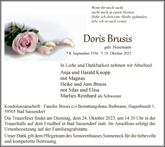 Todesanzeige von Doris Brusis von WA