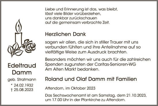 Todesanzeige von Edeltraud Damm von WA