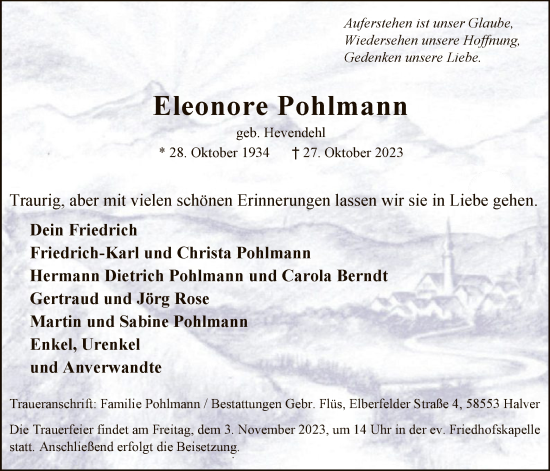 Todesanzeige von Eleonore Pohlmann von WA