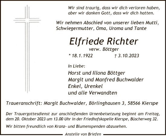 Todesanzeige von Elfriede Richter von WA