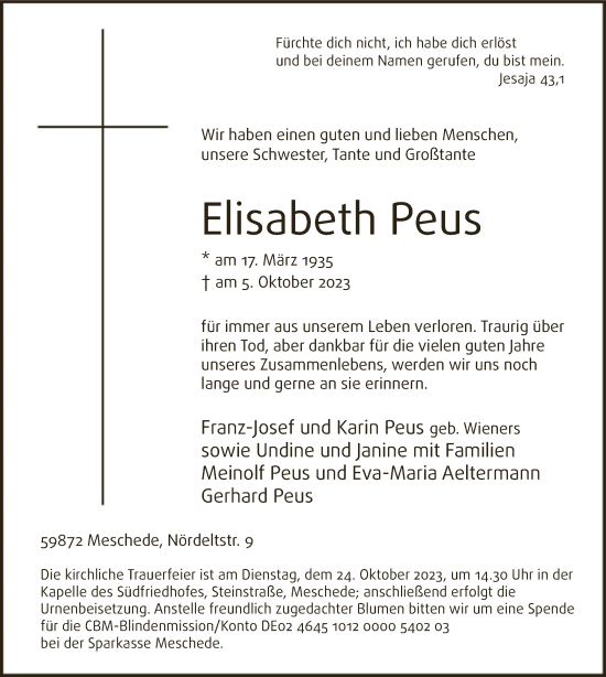 Todesanzeige von Elisabeth Peus von WA