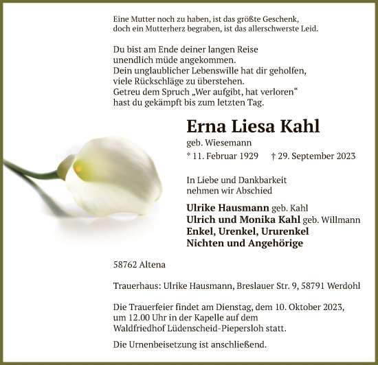 Todesanzeige von Erna Liesa Kahl von WA
