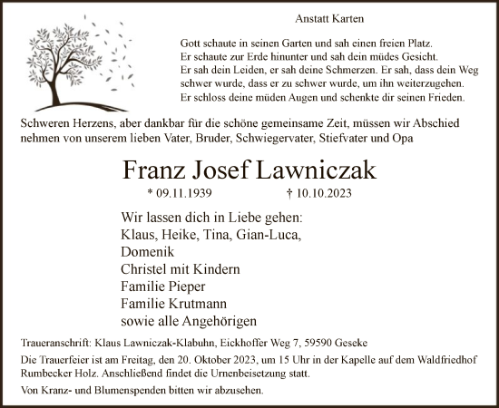 Todesanzeige von Franz Josef Lawniczak von WA