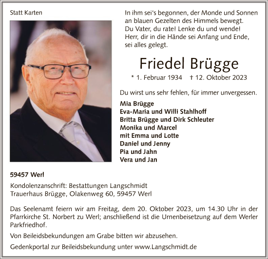 Todesanzeige von Friedel Brügge von WA