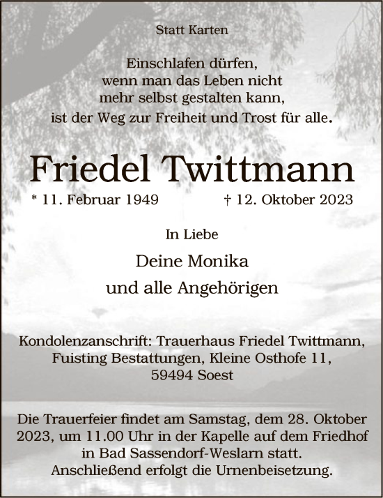 Todesanzeige von Friedel Twittmann von WA