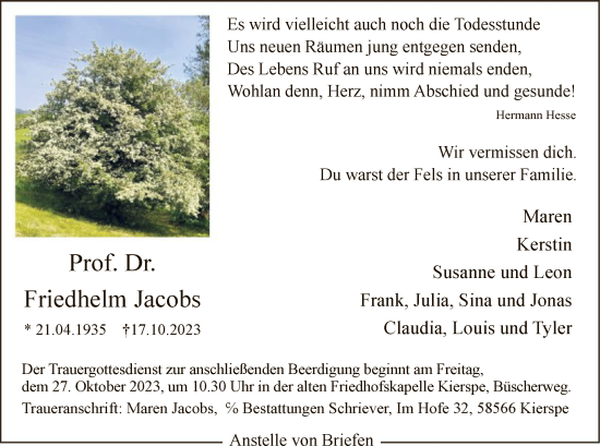 Todesanzeige von Friedhelm Jacobs von WA