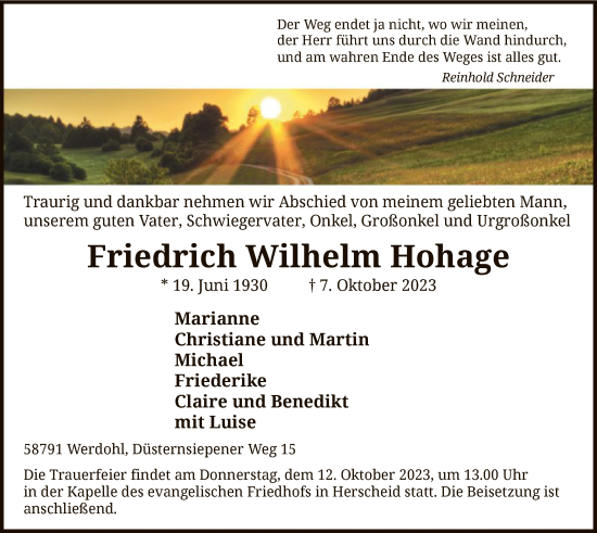 Todesanzeige von Friedrich Wilhelm Hohage von WA