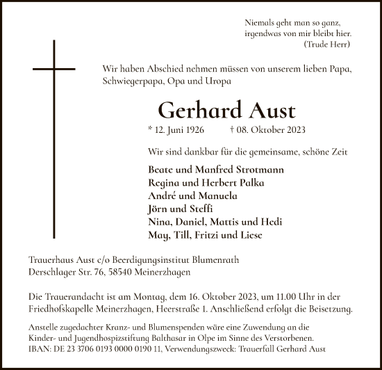 Todesanzeige von Gerhard Aust von WA