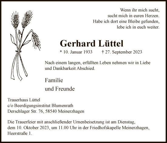 Todesanzeige von Gerhard Lüttel von WA
