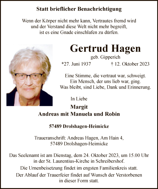 Todesanzeige von Gertrud Hagen von WA