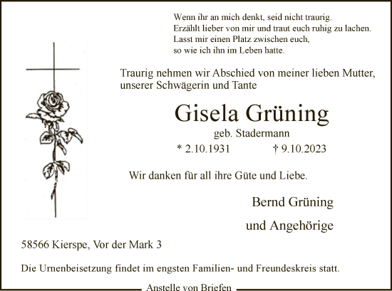Todesanzeige von Gisela Grüning von WA