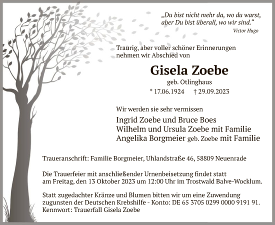 Todesanzeige von Gisela Zoebe von WA