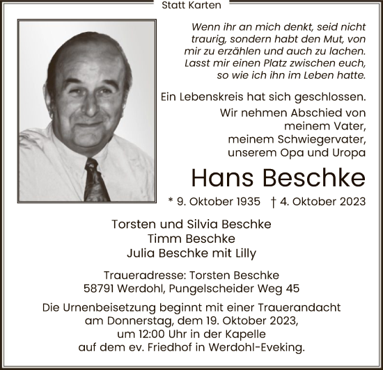 Todesanzeige von Hans Beschke von WA