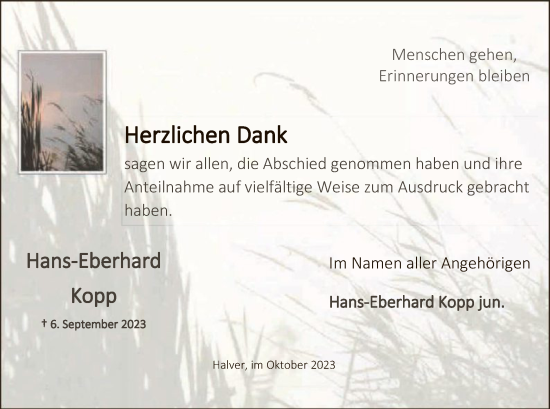 Todesanzeige von Hans-Eberhard Kopp von WA