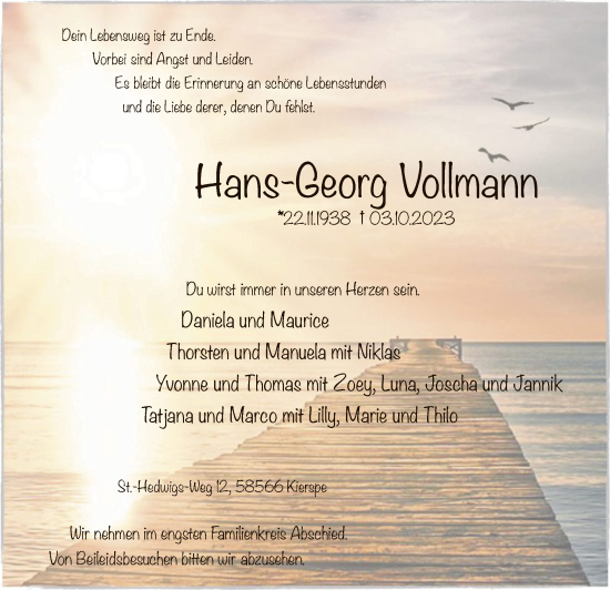 Todesanzeige von Hans-Georg Vollmann von WA