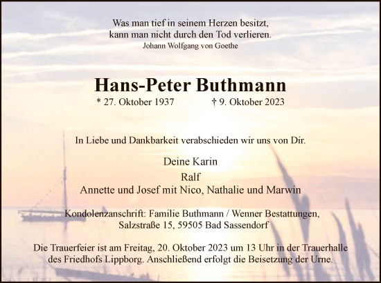 Todesanzeige von Hans-Peter Buthmann von WA