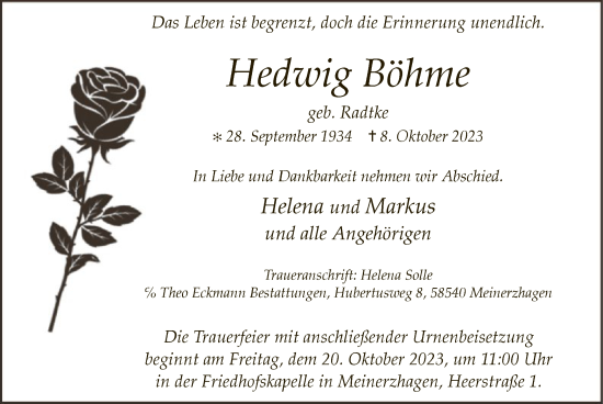 Todesanzeige von Hedwig Böhme von WA
