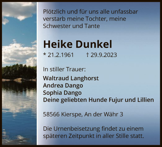 Todesanzeige von Heike Dunkel von WA