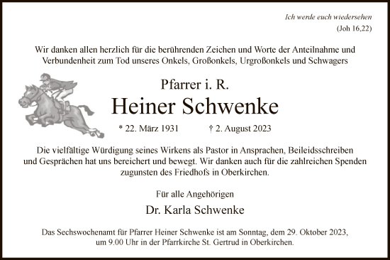 Todesanzeige von Heiner Schwenke von WA