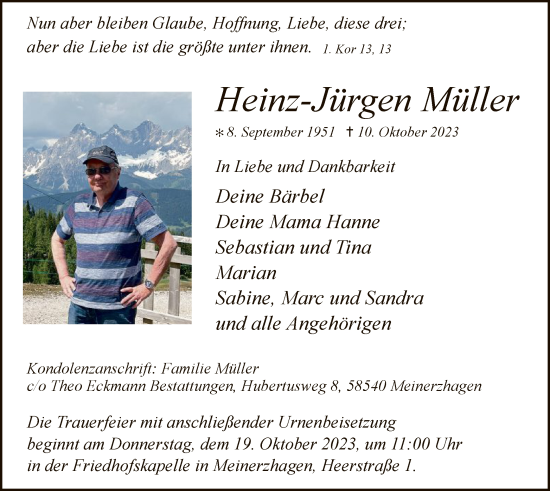 Todesanzeige von Heinz-Jürgen Müller von WA
