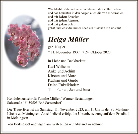 Todesanzeige von Helga Müller von WA