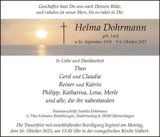 Todesanzeige von Helma Dohrmann von WA
