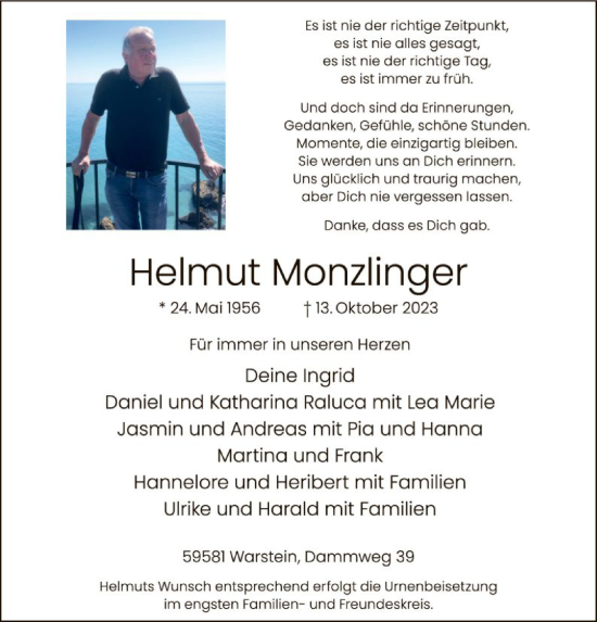 Todesanzeige von Helmut Monzlinger von WA