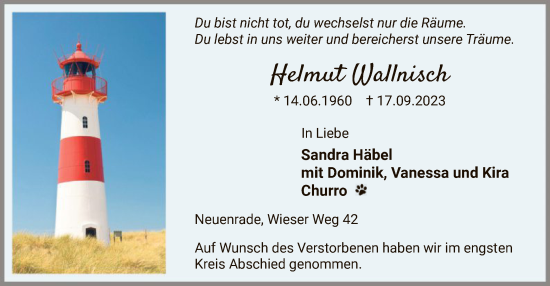 Todesanzeige von Helmut Wallnisch von WA