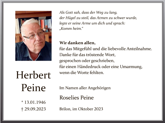 Todesanzeige von Herbert Peine von WA