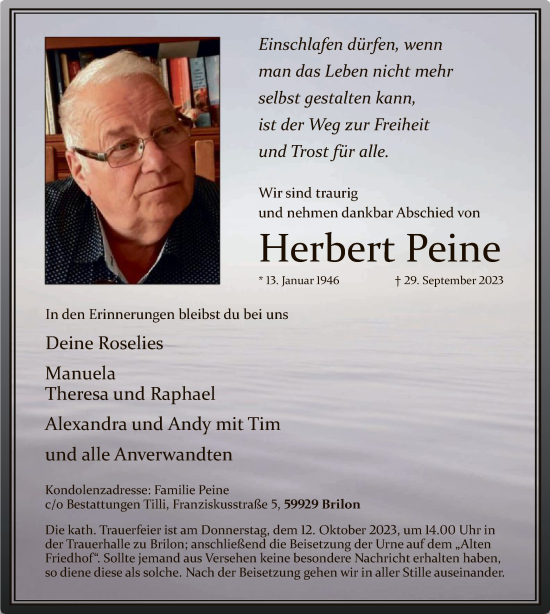 Todesanzeige von Herbert Peine von WA